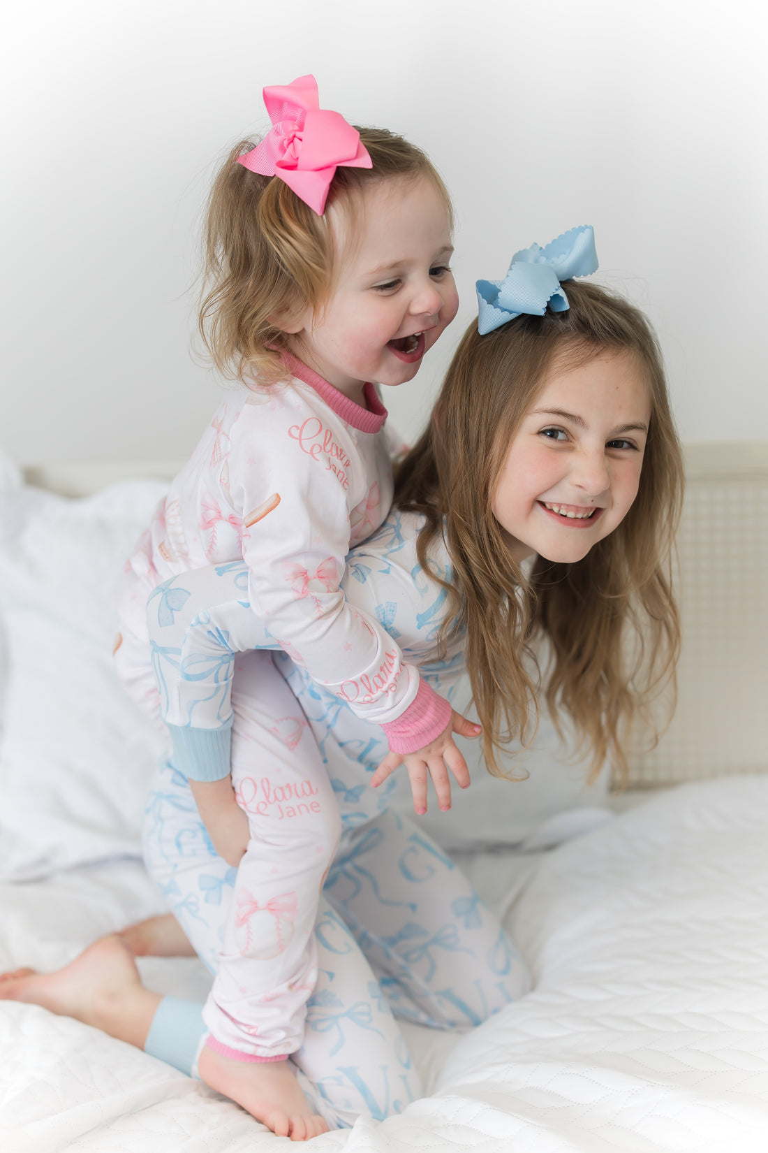 Monogrammed Blue Bows Pajamas for Girls, Soft & Cozy (3 months to kids 14)