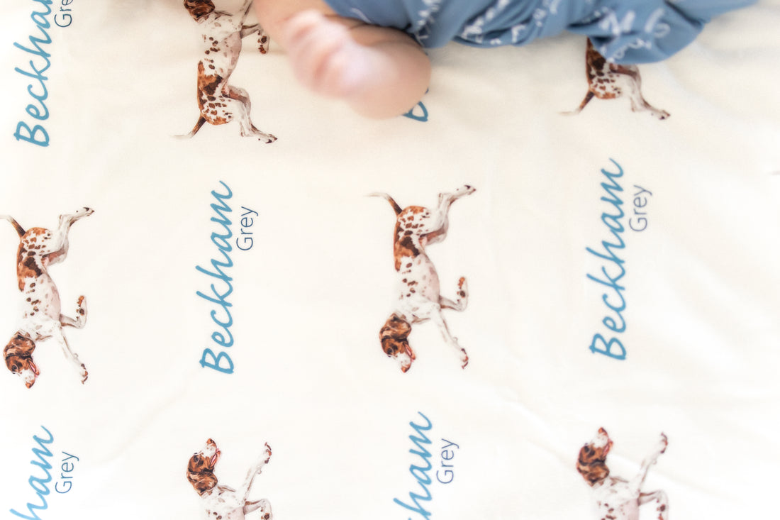 Personalized Baby Gift | Hunting Dog Baby Set with Custom Gown, Hat & Swaddle