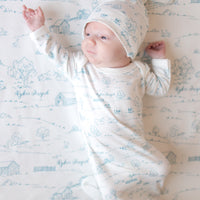 Farmhouse Toile Baby Gown - Personalized Tie Bottom Newborn Outfit Blue or Green Farm Boy Gift