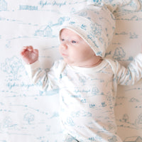 Farmhouse Toile Baby Gown - Personalized Tie Bottom Newborn Outfit Blue or Green Farm Boy Gift