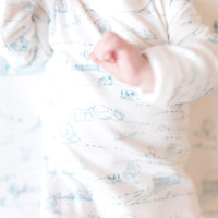 Farmhouse Toile Baby Gown - Personalized Tie Bottom Newborn Outfit Blue or Green Farm Boy Gift