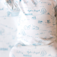 Farmhouse Toile Baby Gown - Personalized Tie Bottom Newborn Outfit Blue or Green Farm Boy Gift