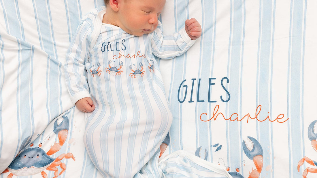 Personalized Baby Gown – Crab Print Gown with Knotted Baby Hat | Soft Stretchy Knit