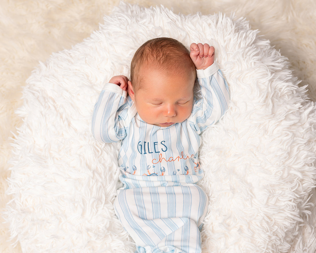 Personalized Baby Gown – Crab Print Gown with Knotted Baby Hat | Soft Stretchy Knit