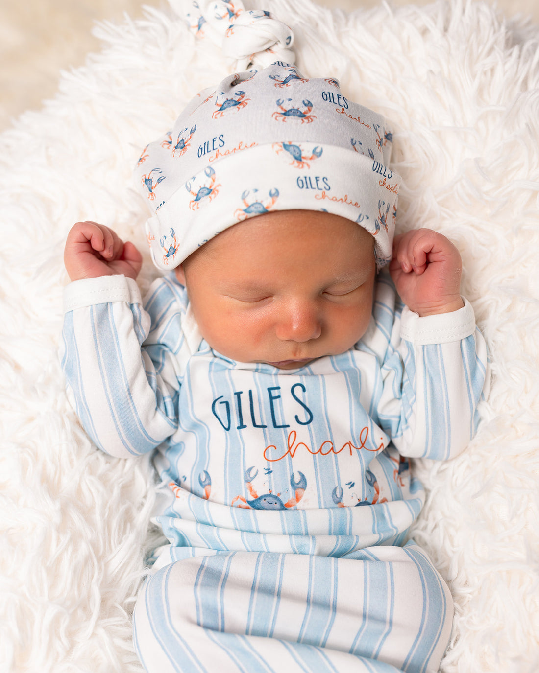 Personalized Baby Gown – Crab Print Gown with Knotted Baby Hat | Soft Stretchy Knit