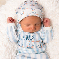 Personalized Baby Gown – Crab Print Gown with Knotted Baby Hat | Soft Stretchy Knit