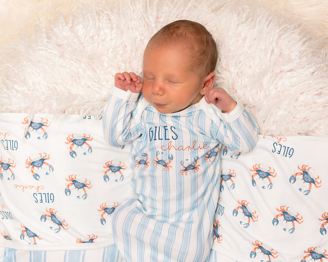 Personalized Baby Gown – Crab Print Gown with Knotted Baby Hat | Soft Stretchy Knit