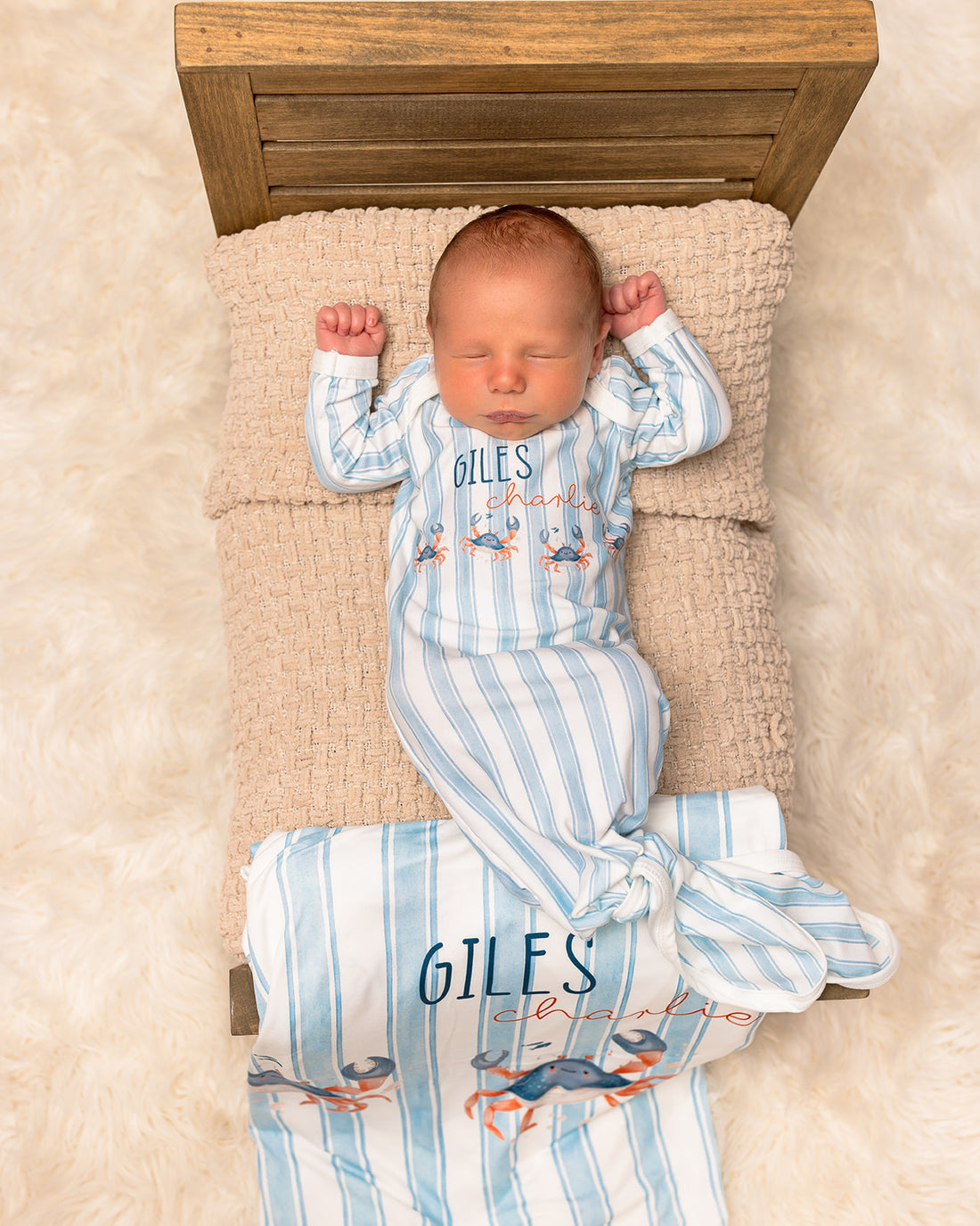 Personalized Baby Gown – Crab Print Gown with Knotted Baby Hat | Soft Stretchy Knit