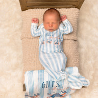 Personalized Baby Gown – Crab Print Gown with Knotted Baby Hat | Soft Stretchy Knit