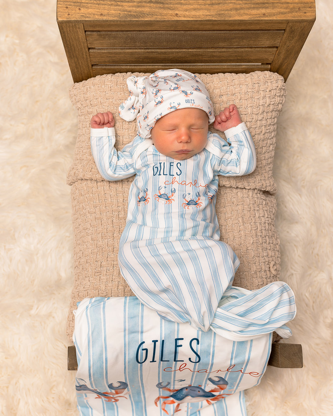 Personalized Baby Gown – Crab Print Gown with Knotted Baby Hat | Soft Stretchy Knit