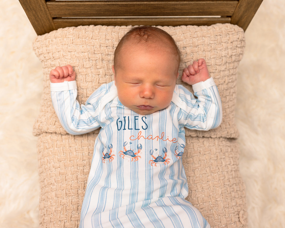 Personalized Baby Gown – Crab Print Gown with Knotted Baby Hat | Soft Stretchy Knit