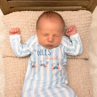 Personalized Baby Gown – Crab Print Gown with Knotted Baby Hat | Soft Stretchy Knit