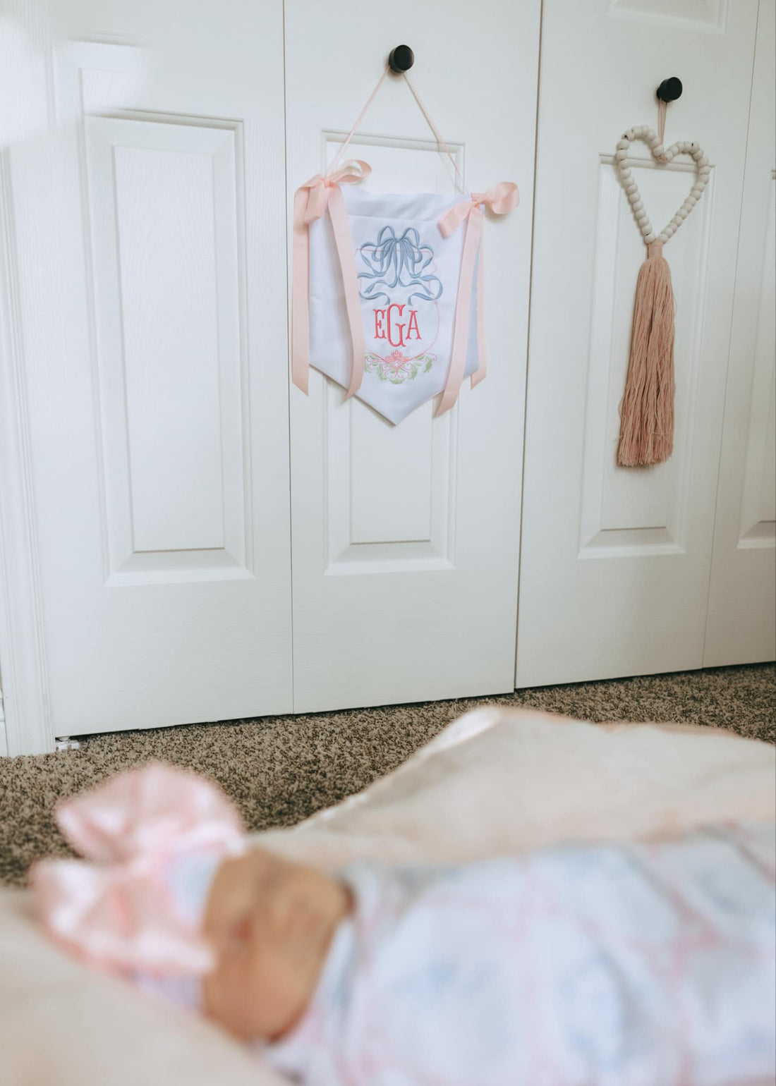 Heirloom Bows Embroidered Monogram Door Hanging Banner