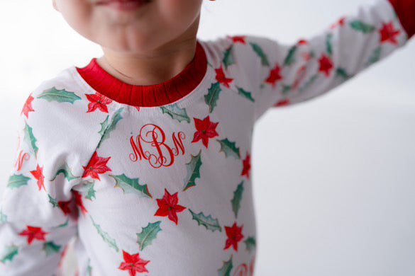 Personalized Christmas Pajamas - Girls Holiday Poinsettia Print Pajama Set
