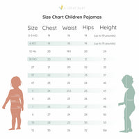 The image is a size chart for children's pajamas, showing the measurements for different age groups from 0 to 10 years old.