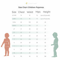 The image is a size chart for children's pajamas, showing the measurements for different age groups from 0 to 10 years old.