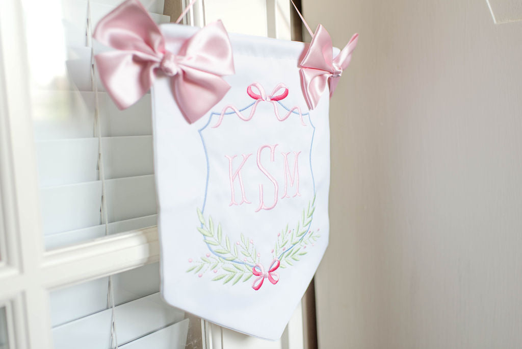 Heirloom Bows Embroidered Monogram Door Hanging Banner