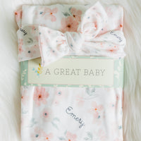 Personalized Baby Blanket – Peach Blossom Floral Receiving Blanket with Satin Trim