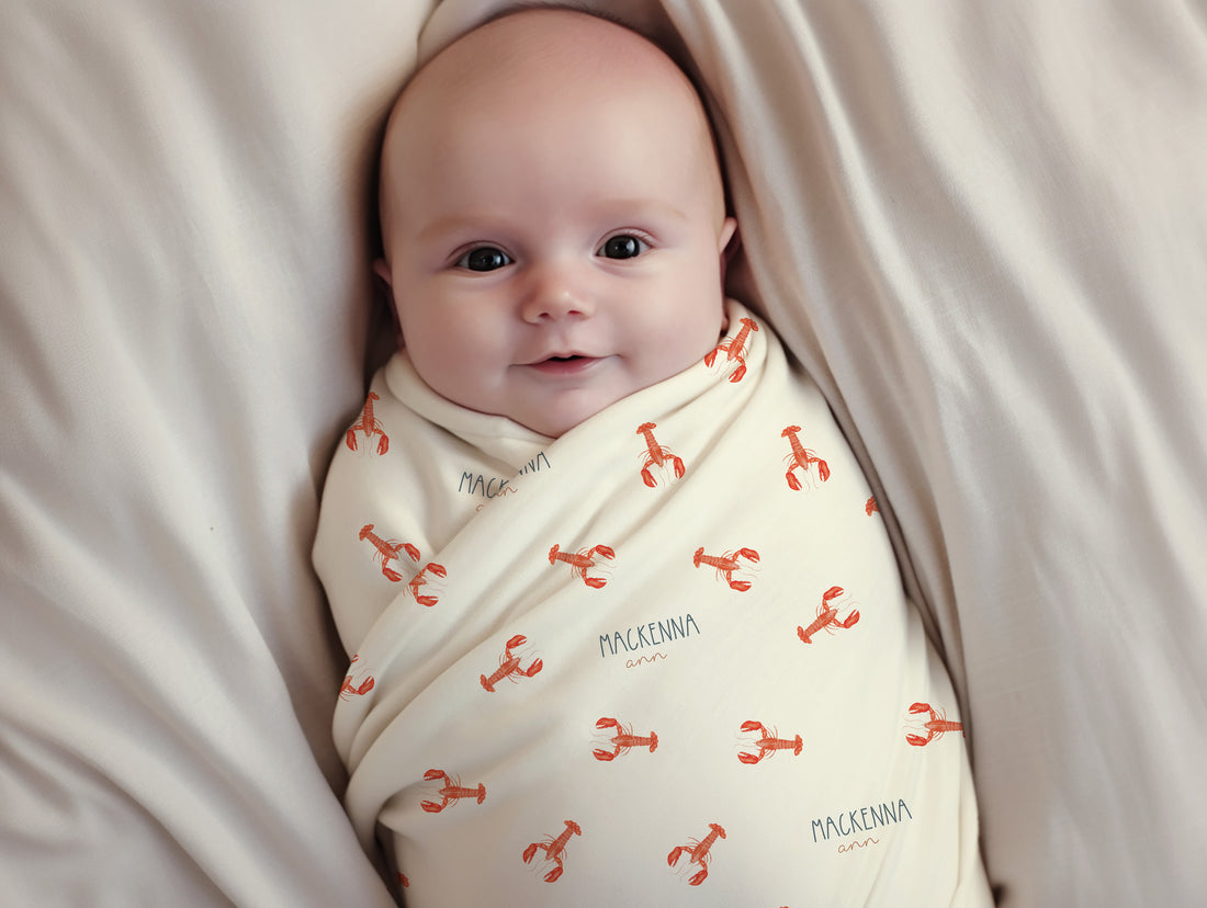 Personalized Baby Swaddle – Lobster Print Swaddle Blanket | Soft Stretchy Fabric