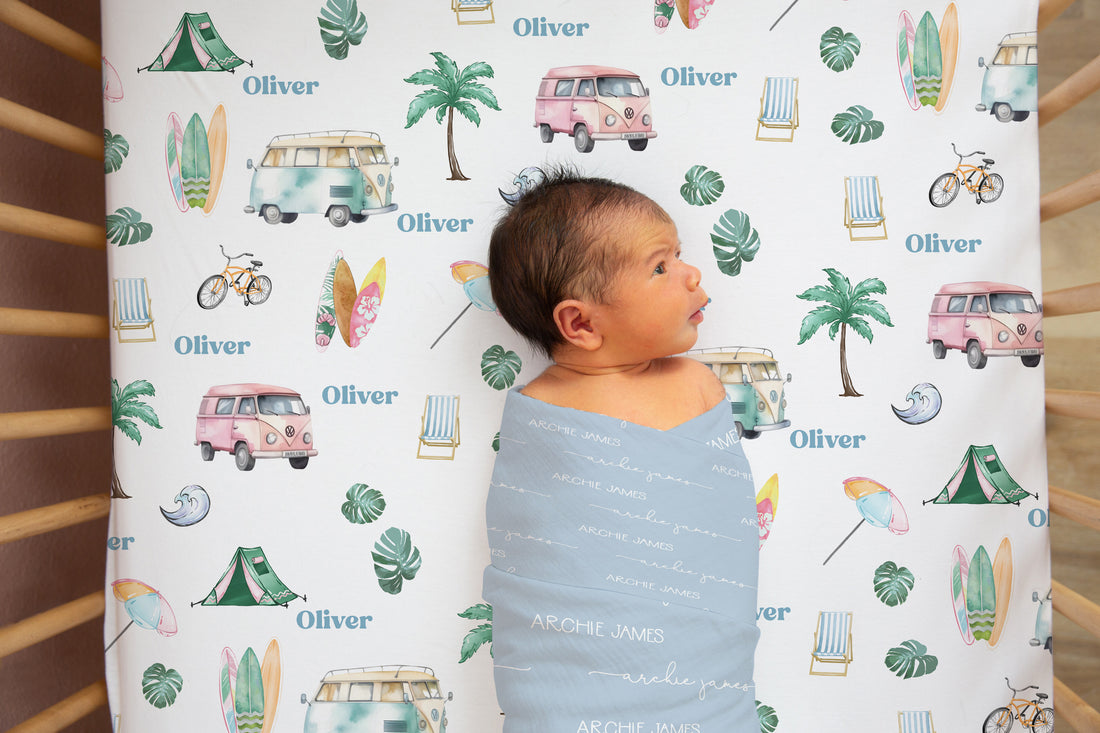 Beach Bum Boy Surfboard Personalized Custom Crib Sheet