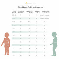 The image is a size chart for children's pajamas, showing the measurements for different age groups from 0 to 10 years old.