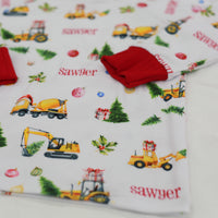 Close up photo of Construction Christmas Pajamas to show durability.