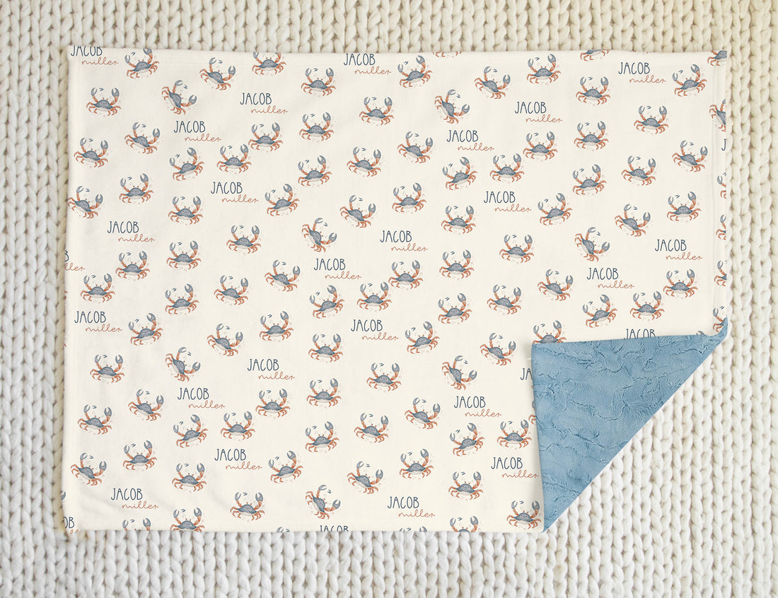Personalized Baby Blanket – Deluxe Minky Soft Blue Crabby Cutie Stroller Cover