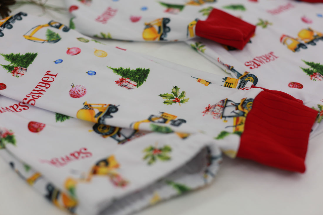 Construction Christmas Pajamas customized with boy's name.