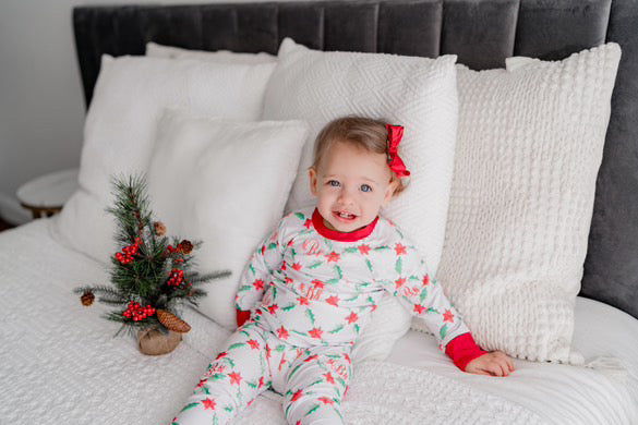 Personalized Christmas Pajamas - Girls Holiday Poinsettia Print Pajama Set