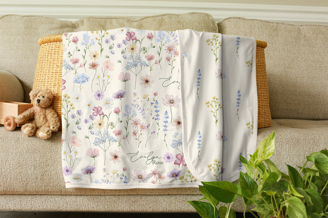 Wildflowers print baby blanket with coordinating newborn gown and accessories
