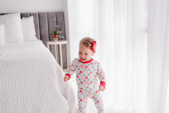 Personalized Christmas Pajamas - Girls Holiday Poinsettia Print Pajama Set