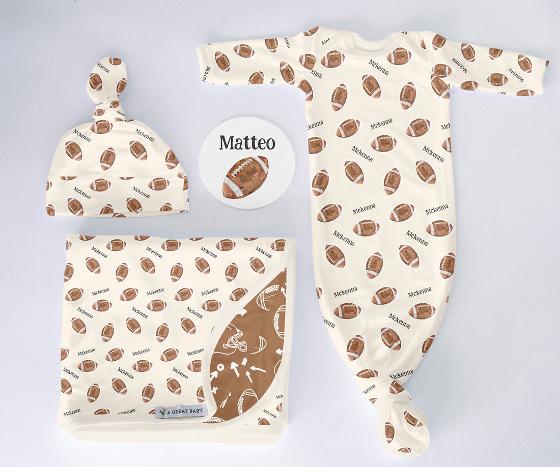 Football Newborn Set – Personalized Baby Boy Outfit with Tie Bottom Gown & Beanie