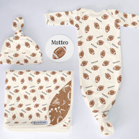 Football Newborn Set – Personalized Baby Boy Outfit with Tie Bottom Gown & Beanie