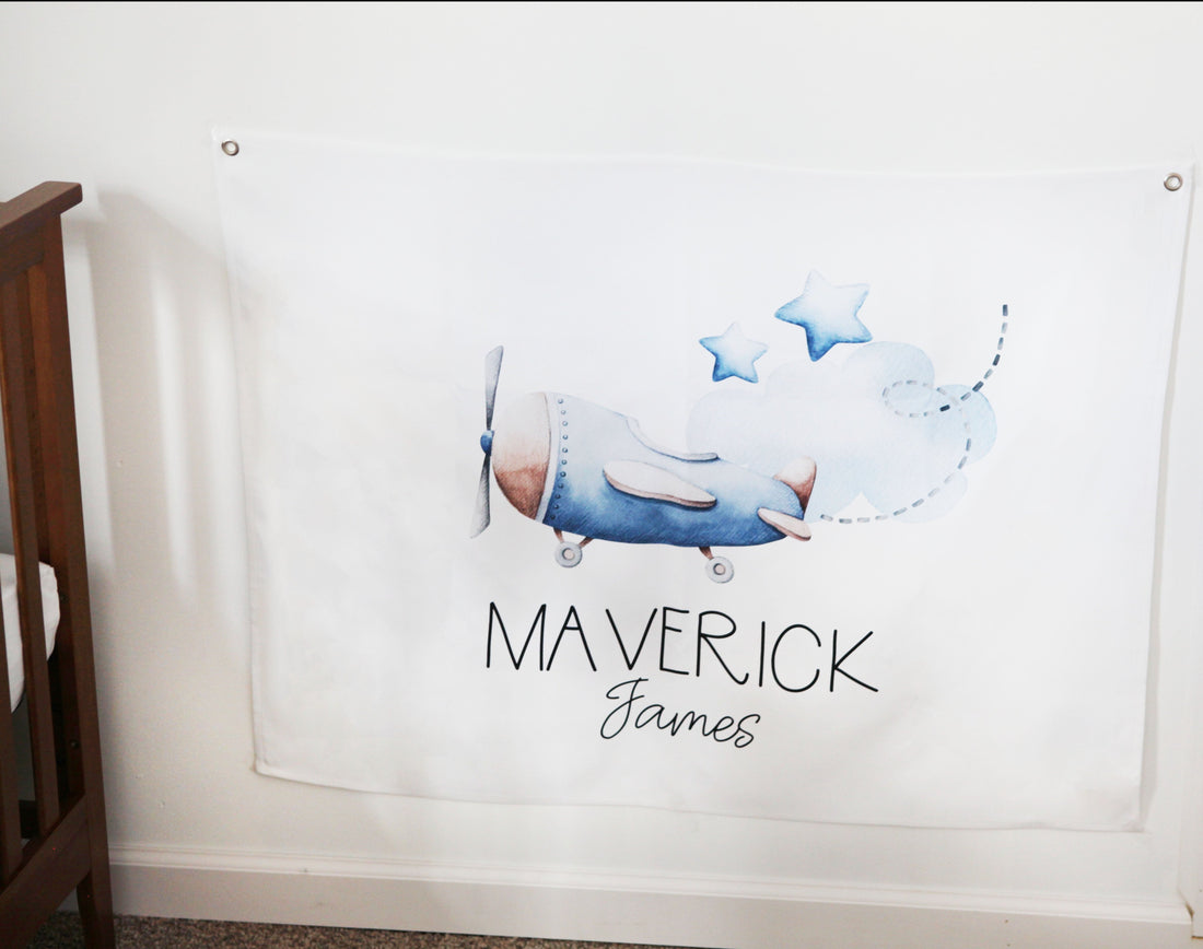 Airplane nursery decor, personalized aviation theme, whimsical tapestry, child's name banner, little boy's room, nursery wall art, aviation nursery, custom wall decor, imaginative design, high-quality materials