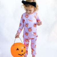 Halloween Pajamas Girls - Personalized Pumpkin Print PJs With Pink Bows