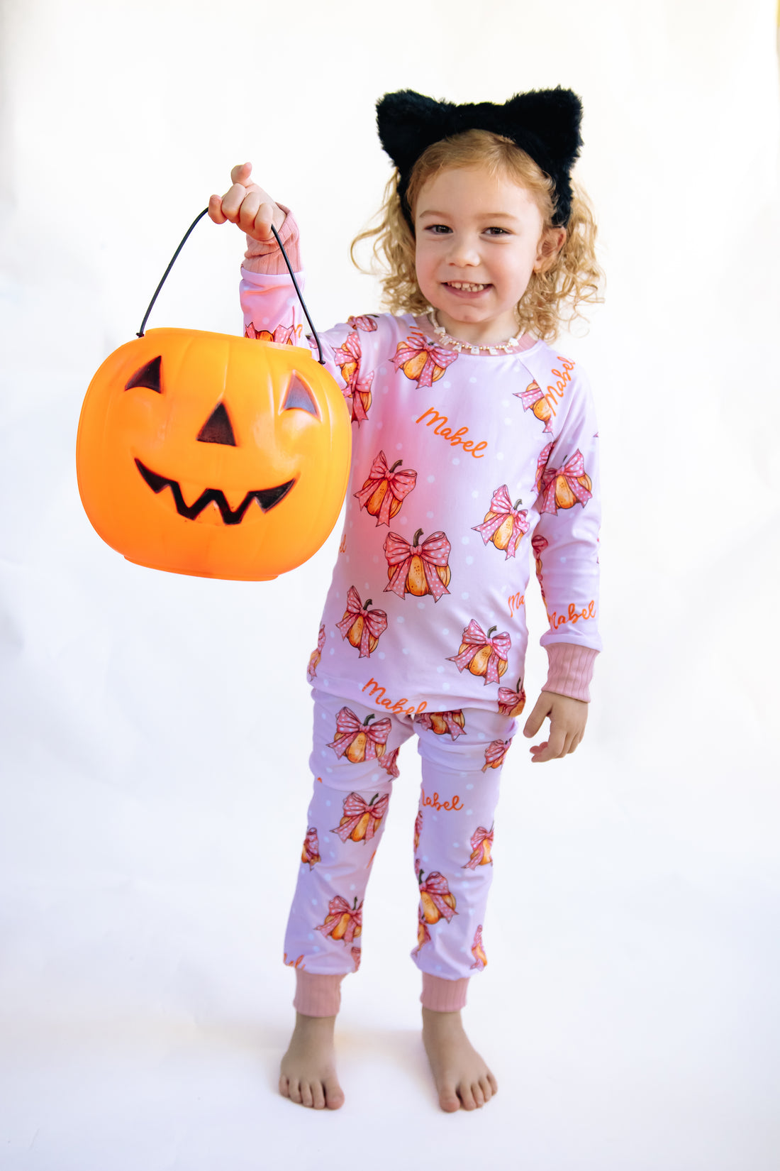 Halloween Pajamas Girls - Personalized Pumpkin Print PJs With Pink Bows