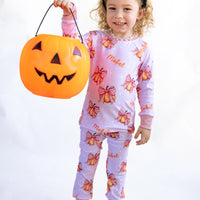 Halloween Pajamas Girls - Personalized Pumpkin Print PJs With Pink Bows