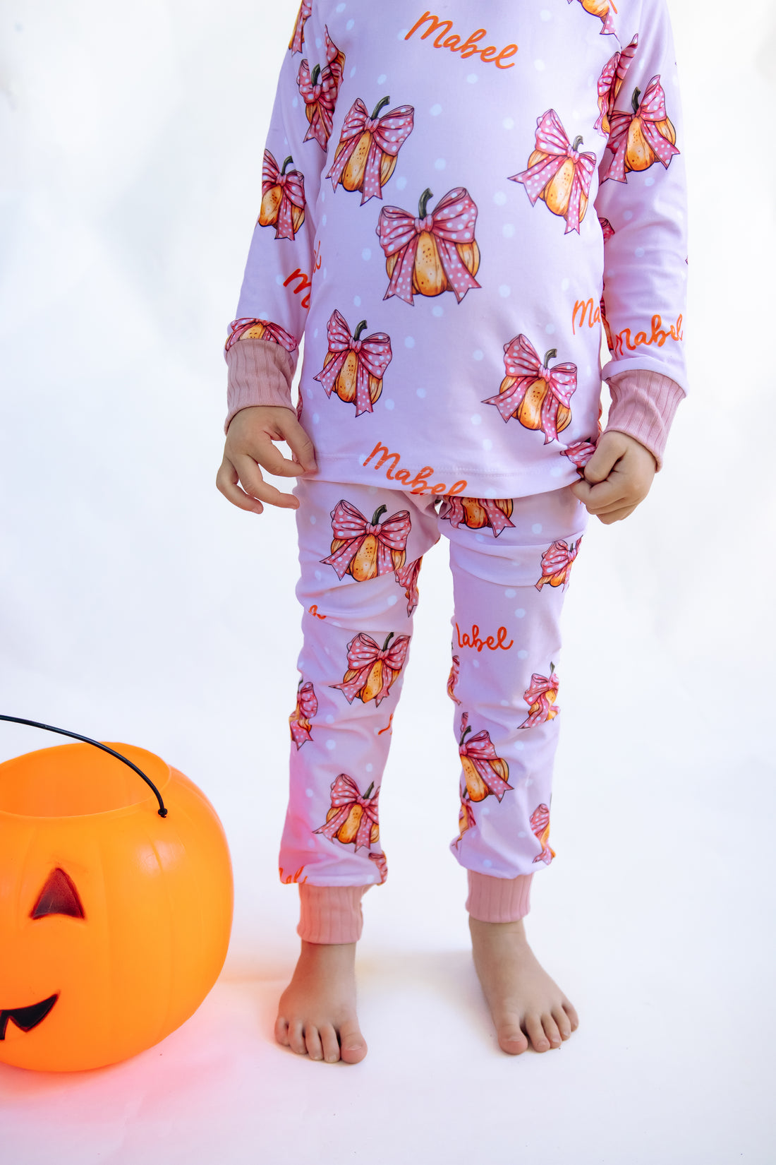 Halloween Pajamas Girls - Personalized Pumpkin Print PJs With Pink Bows