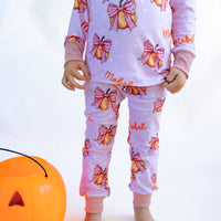Halloween Pajamas Girls - Personalized Pumpkin Print PJs With Pink Bows
