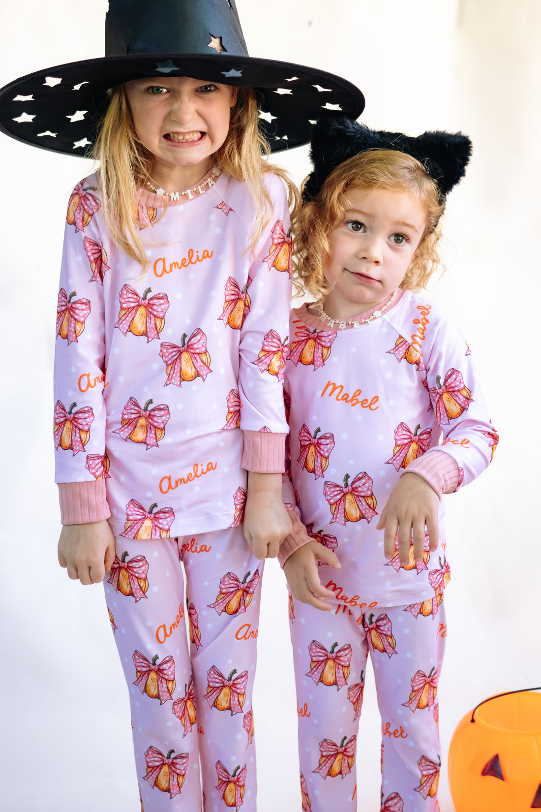 Halloween Pajamas Girls - Personalized Pumpkin Print PJs With Pink Bows