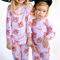 Halloween Pajamas Girls - Personalized Pumpkin Print PJs With Pink Bows