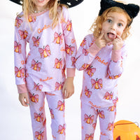 Halloween Pajamas Girls - Personalized Pumpkin Print PJs With Pink Bows