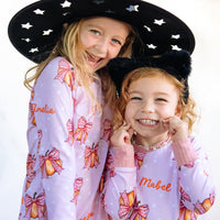 Halloween Pajamas Girls - Personalized Pumpkin Print PJs With Pink Bows
