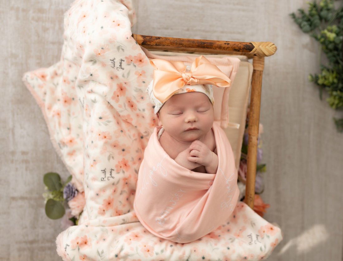 Personalized Baby Blanket - Peach Blossom Print Minky Fur Deluxe Gift