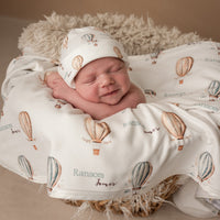Vintage Hot Air Balloon Keepsake Baby Receiving Blanket with Satin Trim – Personalized Heirloom Gift