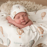 Vintage Hot Air Balloon Keepsake Baby Receiving Blanket with Satin Trim – Personalized Heirloom Gift