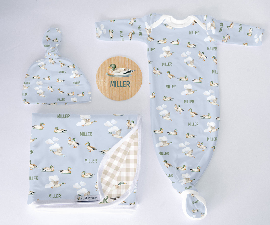Mallard Duck Newborn Set – Personalized Baby Gown, Swaddle & Knotted Beanie