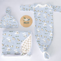 Mallard Duck Newborn Set – Personalized Baby Gown, Swaddle & Knotted Beanie