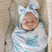 Personalized Baby Blanket – Blue Floral Stretchy Swaddle With Satin Trim and Hydrangeas