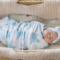 Personalized Baby Blanket – Blue Floral Stretchy Swaddle With Satin Trim and Hydrangeas
